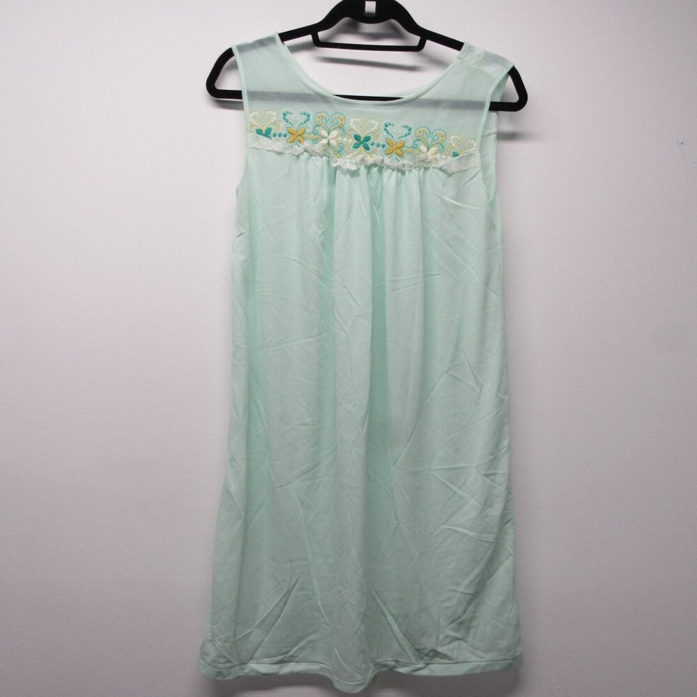 Vintage 60s Philmaid Nylon Aqua Green Embroidered Shift Gown Nightie sz M 💰